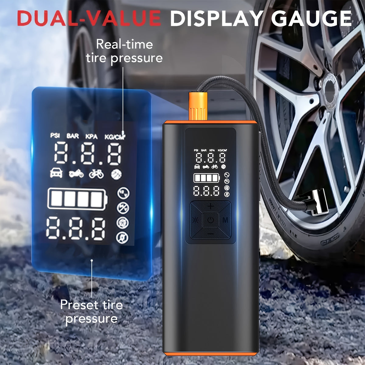 Portable Tire Inflator Air Compressor 150PSI – 6000mAh Rechargeable, USB-C, Dual Screen, Auto Shutoff, LED Light, 4 Modes for Car, Motorcycle, Bike & Ball