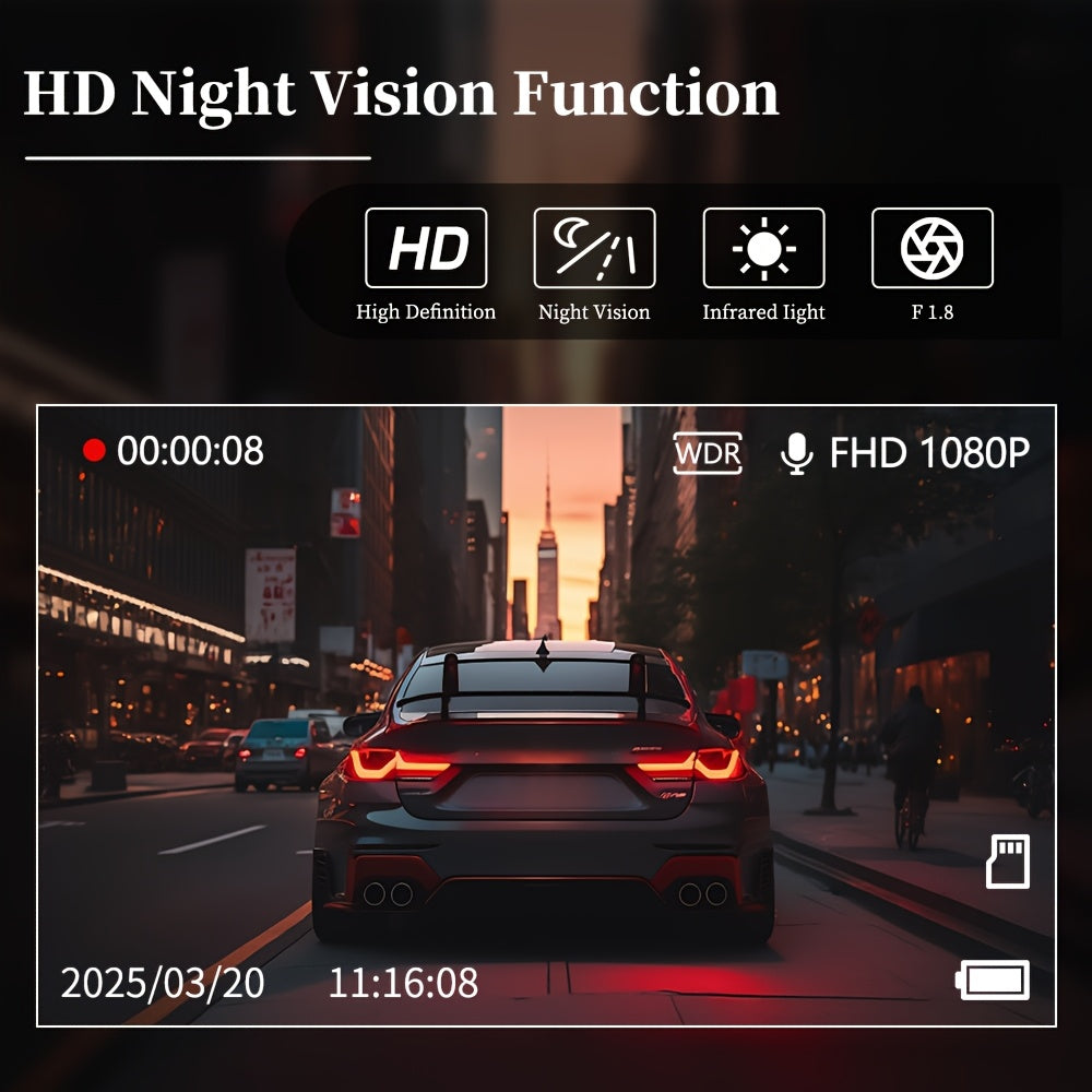 1080P HD Front And Rear Dual-Camera Dash Cam, Equipped with a 2-Inch IPS Screen, 170° Front Wide Angle And 140° Rear Wide Angle, ADAS Driving Assistance, G-Sensor, Loop Recording, Night Vision, 24-Hour Parking Mode - SD Card Not Included