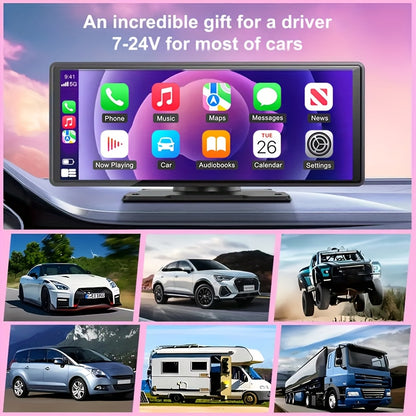 Introducing The Latest 10.26-Inch Wireless Car Display, Equipped with Integrated Car Audio, a Touchscreen Interface, a 720P HD Backup Camera, a Dashcam, Wireless Connectivity, GPS Navigation