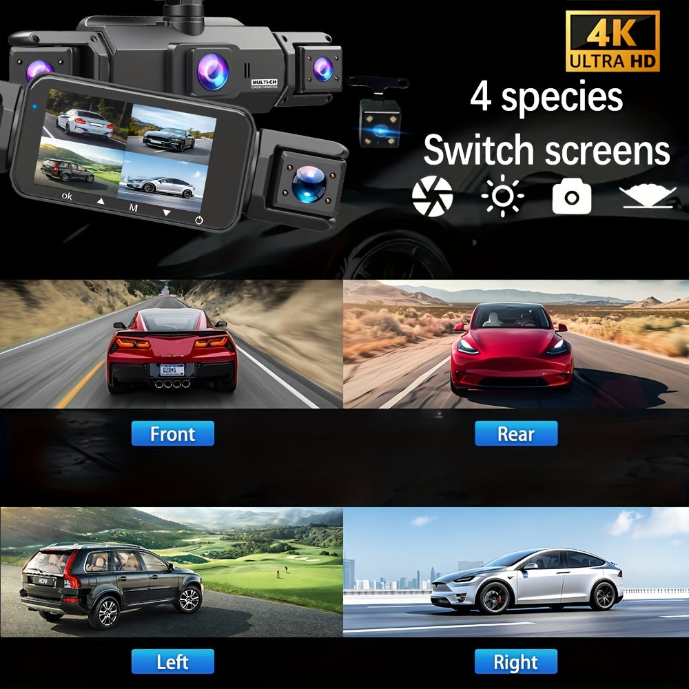 FOXGOD Dash Cam for Cars, 3/4-Channel 4K+1080P HD Ultimate Safety Driving Recorder Set, Front 4K or So Rear 1080P, Super Night Vision, WDR, G Sensor, Circular Video, Optional Memory Card and Lens - Safe Driving Black Box