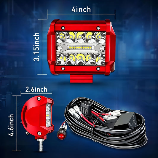 [LED Pod Lights] 4 Inch LED Pod Lights, Flood LED/Driving/Off Road Lights LED Light Bar With 2 Leads Wiring Harness, Cube Pods For Truck Boat ATV UTV, 2pcs Red, Without Battery