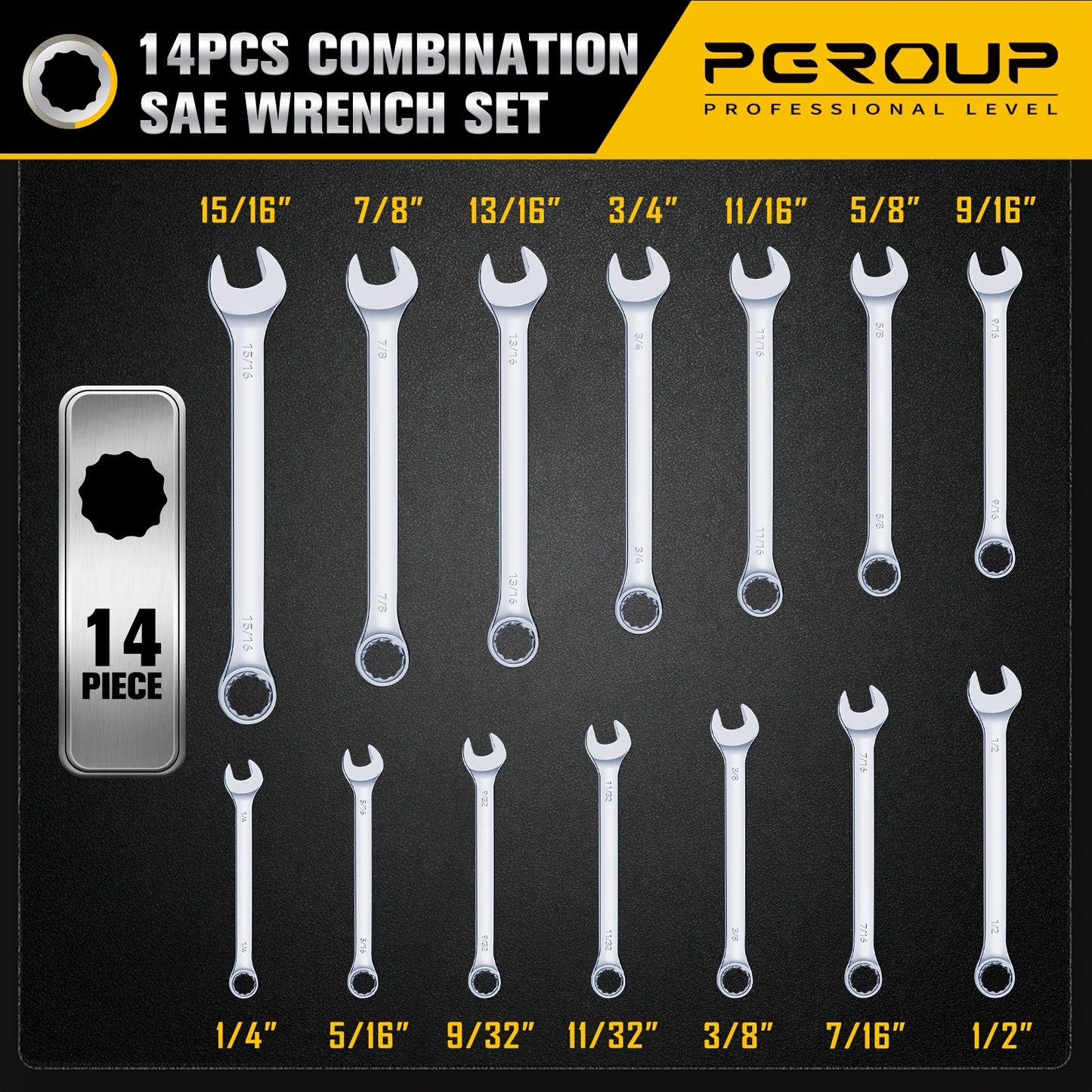 32pcs SAE & Metric Combo Wrench Set (20 Long & 12 Short-Reach Wrenches), 14pcss Premium Metric (6 - 19mm) & 14pcss SAE (1/4" - 15/16") Combo Wrenches With Open & 12-Point Box Ends, CR-V Steel, Mirror Chrome Polished