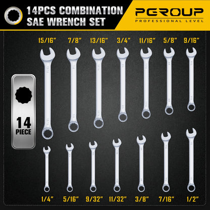 32pcs SAE & Metric Combo Wrench Set (20 Long & 12 Short-Reach Wrenches), 14pcss Premium Metric (6 - 19mm) & 14pcss SAE (1/4" - 15/16") Combo Wrenches With Open & 12-Point Box Ends, CR-V Steel, Mirror Chrome Polished