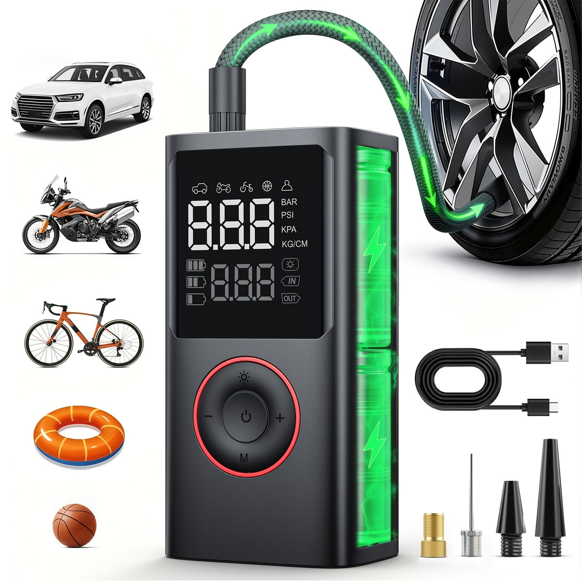 Portable Cordless Tire Inflator – 150PSI Fast Inflation Air Compressor with Digital Gauge, LED Light & Auto Shut-Off for Cars, SUVs, Motorcycles & Bikes