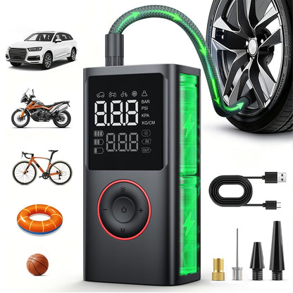 Portable Cordless Tire Inflator – 150PSI Fast Inflation Air Compressor with Digital Gauge, LED Light & Auto Shut-Off for Cars, SUVs, Motorcycles & Bikes