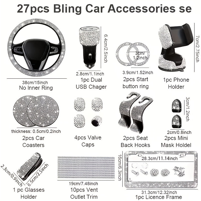 27pcs Bling Car Accessories Set for Women, Bling Steering Wheel Covers Universal Fit 15 Inch, Bling Car Coasters, Bling License Plate Frame, Car Phone Holder