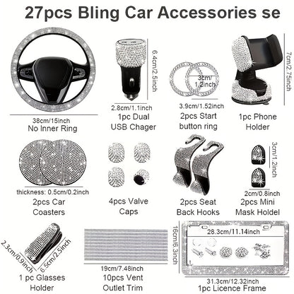 27pcs Bling Car Accessories Set for Women, Bling Steering Wheel Covers Universal Fit 15 Inch, Bling Car Coasters, Bling License Plate Frame, Car Phone Holder