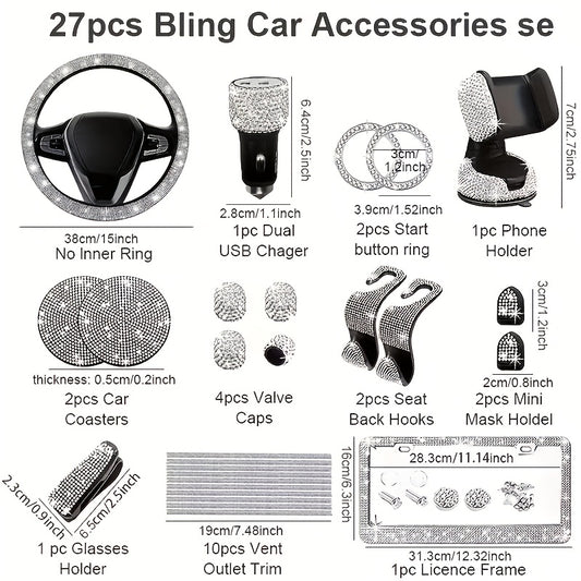 27pcs Bling Car Accessories Set for Women, Bling Steering Wheel Covers Universal Fit 15 Inch, Bling Car Coasters, Bling License Plate Frame, Car Phone Holder