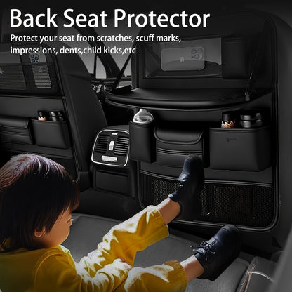 QIANKUNBAG PU Leather Car Backseat Organizer with Foldable Table Tray, Black Grey Green Car Storage Organizer with Tablet Holder, Car Seat Back Protectors Kick Mats Travel Accessories