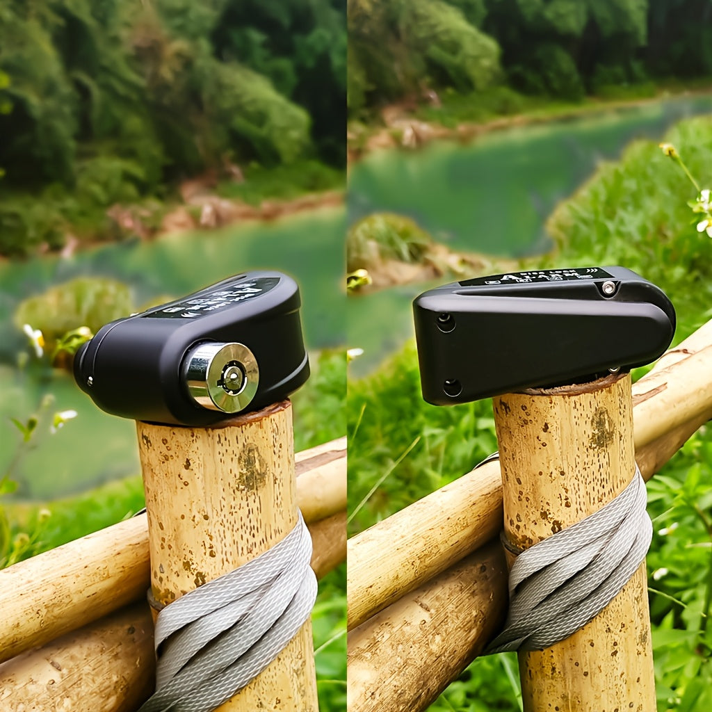 Motorbike Security Lock with a Disc Brake Mechanism, Featuring a 120Db Alarm System, a 500Mah Rechargeable Battery, And Includes a USB Charging Cable And Reminder Rope