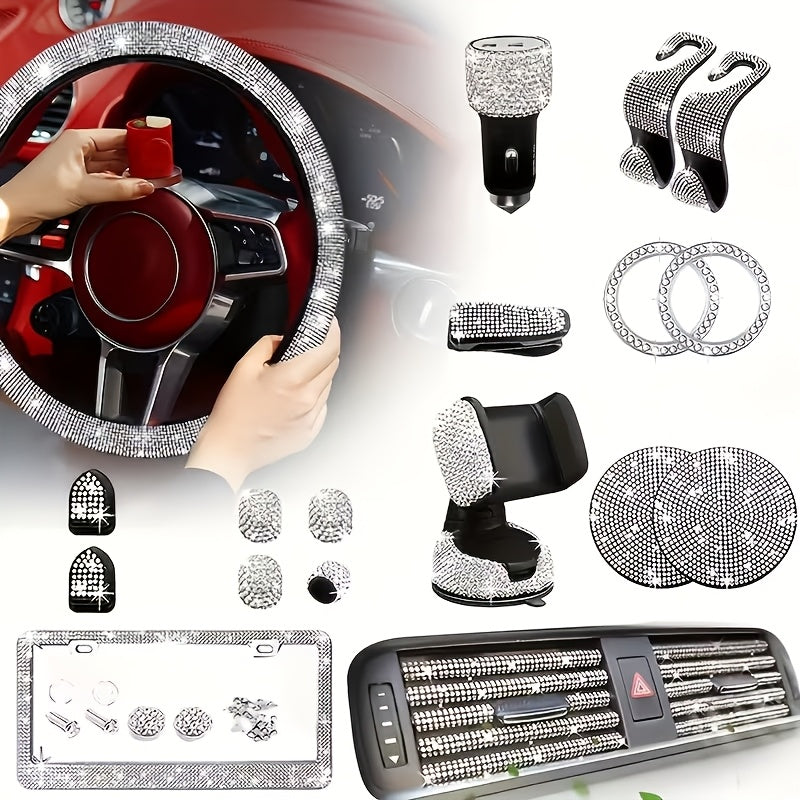 27pcs Bling Car Accessories Set for Women, Bling Steering Wheel Covers Universal Fit 15 Inch, Bling Car Coasters, Bling License Plate Frame, Car Phone Holder