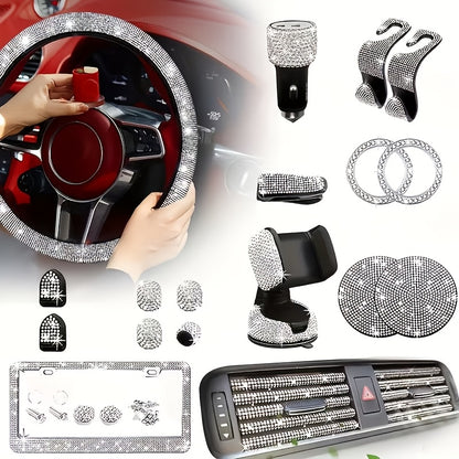27pcs Bling Car Accessories Set for Women, Bling Steering Wheel Covers Universal Fit 15 Inch, Bling Car Coasters, Bling License Plate Frame, Car Phone Holder