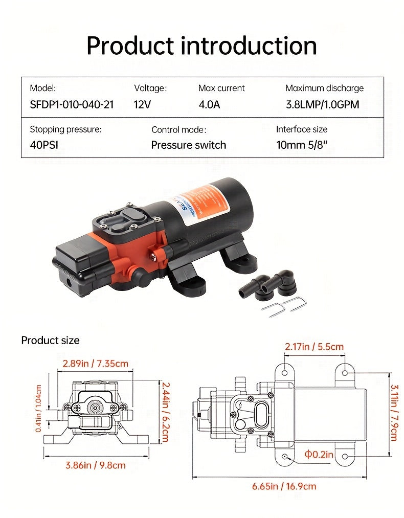 Marine Water Pump with Auto Priming Feature, Diaphragm Type, Suitable for Boats, Showers, And Bathrooms, Designed for RV Caravans, Operates at 35PSI And 12V, Without Battery