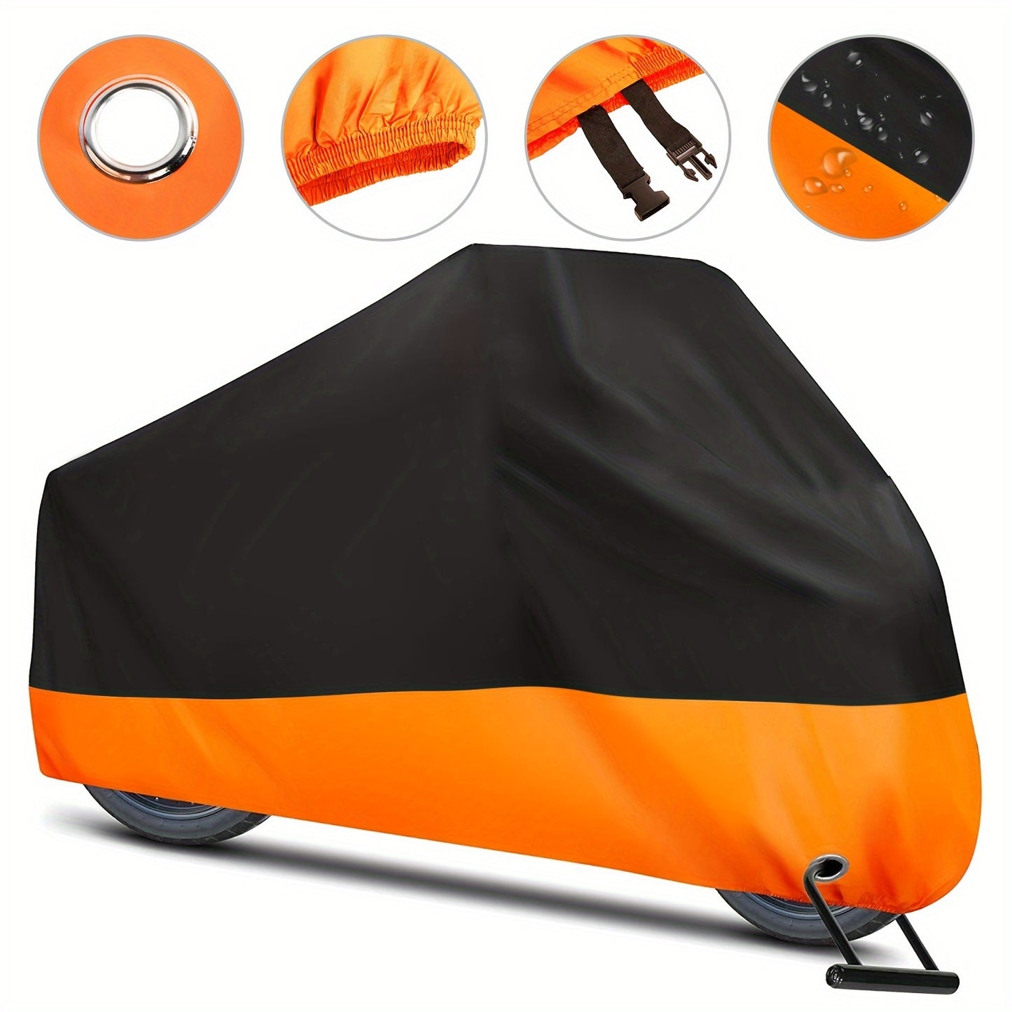 Motorcycle Cover 3XL Waterproof UV Protection – 190T Tear-Resistant Fabric, Lock Holes, Outdoor Storage Cover + Towel Set, Black & Orange