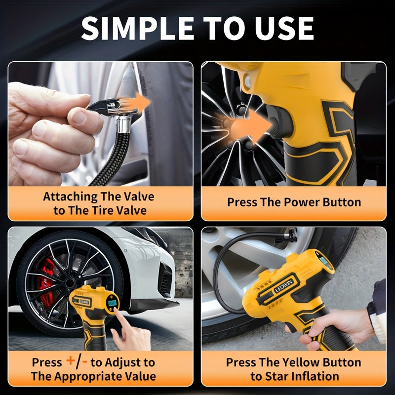 Cordless Tire Inflator 150 PSI – Auto-Shutoff, Digital Pressure Gauge, LED Light, Rechargeable Handheld Air Pump for Car, Motorcycle & Bike