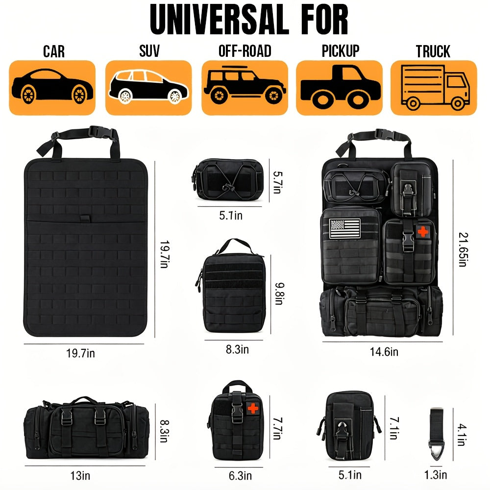 Car Seat Back Organizer with 5 MOLLE Pouches – Truck SUV Jeep Vehicle Panel Storage + 6 Keychains