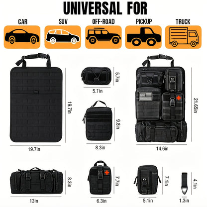 Car Seat Back Organizer with 5 MOLLE Pouches – Truck SUV Jeep Vehicle Panel Storage + 6 Keychains