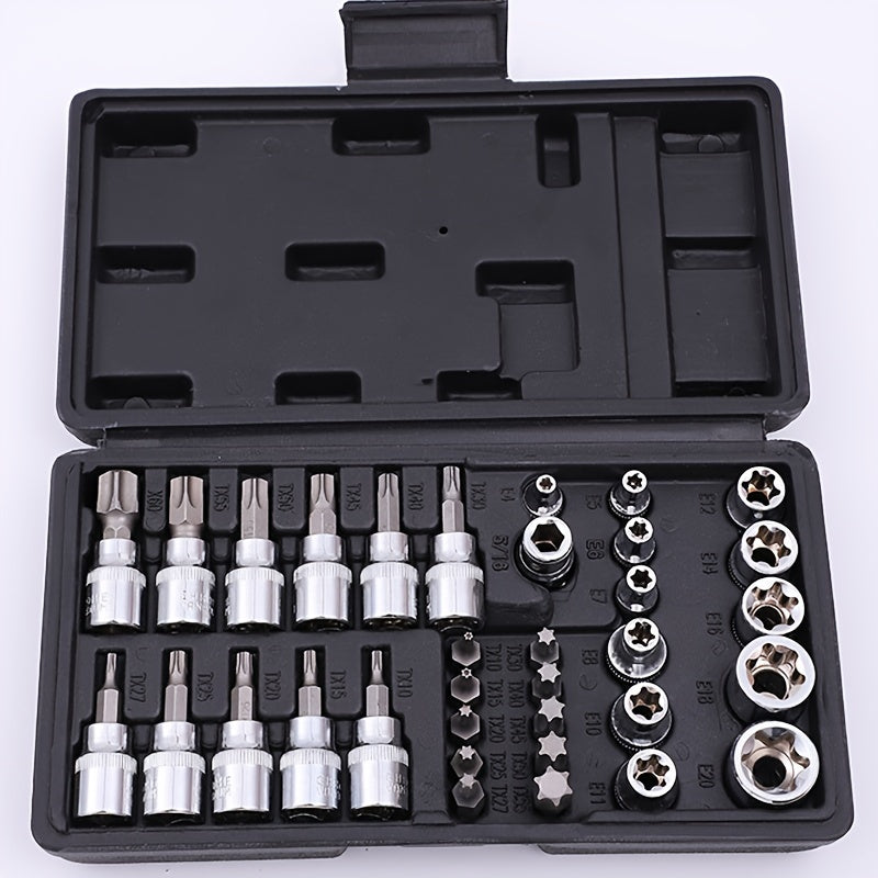 Set of 34 Torx Bit Sockets And E-Torx Sockets for 1/4", 3/8", And 1/2" Drives, Including Both Male And Female E-Torx Security Bits, Designed for Handheld Use