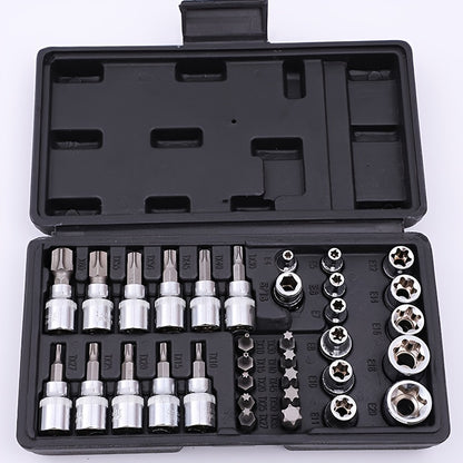 Set of 34 Torx Bit Sockets And E-Torx Sockets for 1/4", 3/8", And 1/2" Drives, Including Both Male And Female E-Torx Security Bits, Designed for Handheld Use