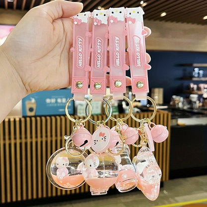 2D Flat, Cute KT Cat Quicksand Keychain Female Creative Cartoon Doll Student School Bag Pendant Car Key Chain Trinkets