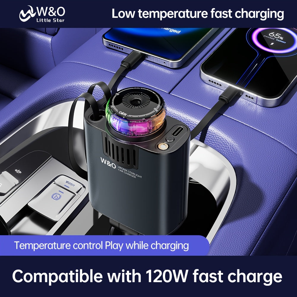 Three-In-One Multifunctional Car Charger, Perfume Machine, Starry Sky Ceiling Light, Dual 80cm/32inch Type-C+Lightning Retractable Cable, Air Freshener, Adapter For IPhone 16/15/Plus/Pro Max, For S25/24, Great Christmas Birthday Gift.
