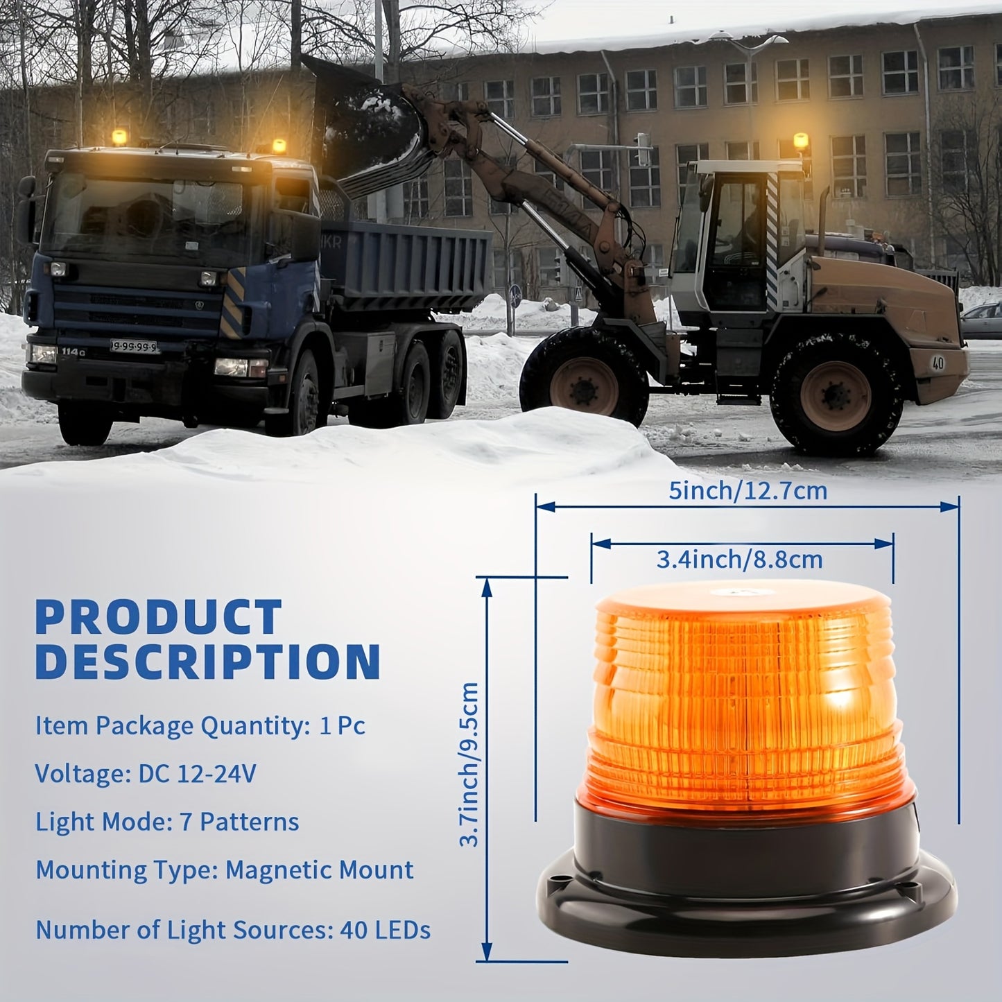 40-LED Amber Beacon Light - High-Brightness Safety Light With Magnetic Base For Trucks, Forklifts, Tractors, Snow Plows, And More - 12V/24V Mini Light Bar, Without Battery