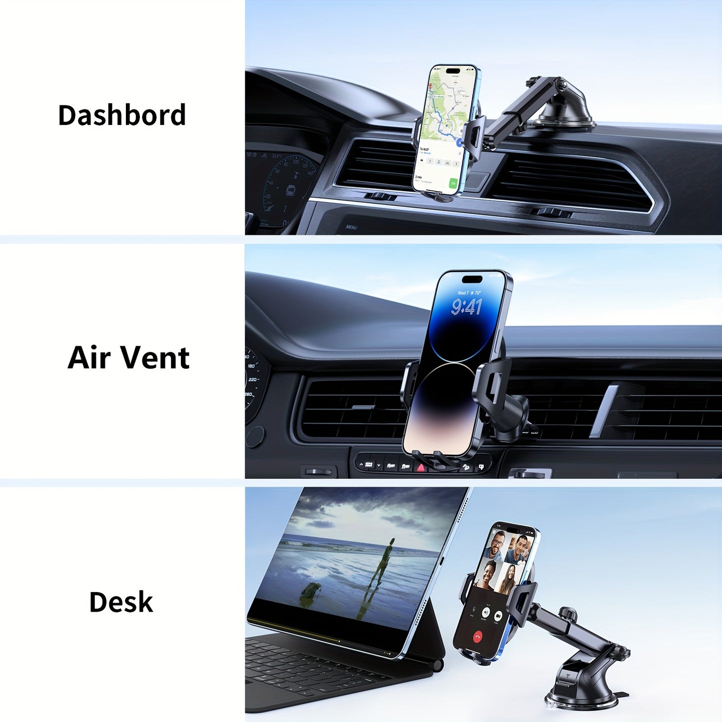 Miracase 3-in-1 Car Phone Mount - Super Suction Dashboard & Air Vent Holder With Telescopic Arm, Adjustable Cradle For All Phones, Quick Release, Durable Metal Hooks, Holiday Gift, Black.