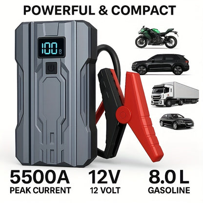 5500A Car Battery Jump Starter (2.11gal Gasoline/1.59gal Diesel) Portable Car Jump Starter Battery Pack/Box, 12V Car Battery Jumper Starter with Safety Jumper Cables, Fast Charging, Lights, Compact