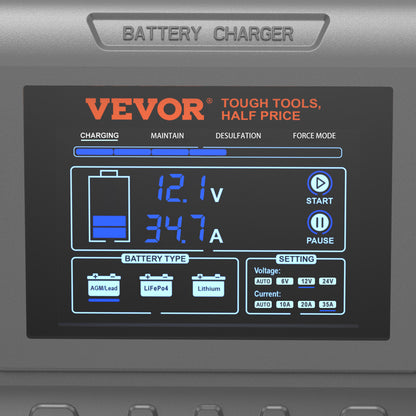 VEVOR Smart Battery Charger, 35-Amp, Lithium LiFePO4 Lead-Acid (AGM/Gel/SLA) Car Battery Charger with LCD Display, Trickle Charger Maintainer Desulfator for Boat Motorcycle Lawn Mower Deep Cycle