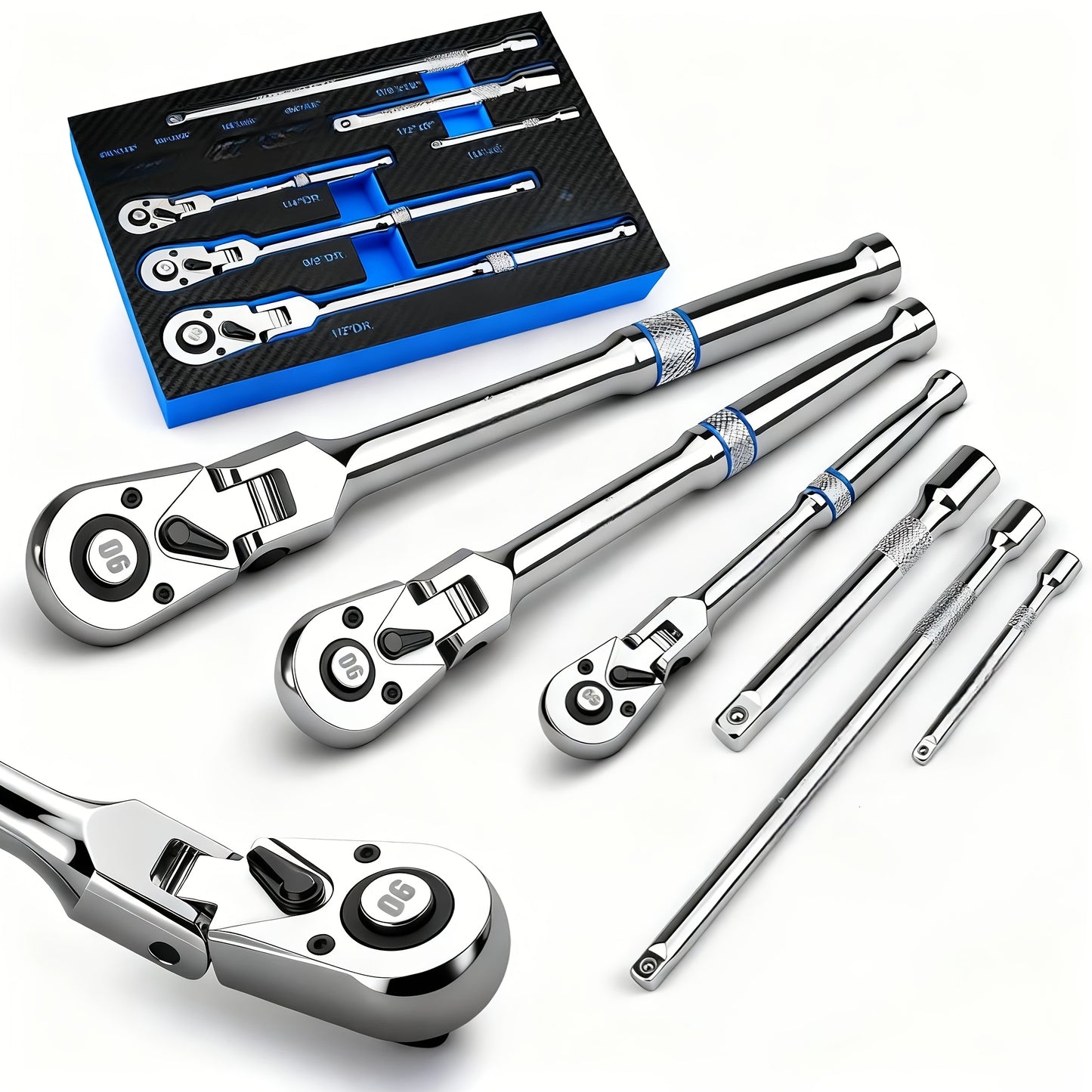 6pcs/3pcs Twist Head Ratchet Set, 1/4", 3/8", 1/2" Drive, Twist Head Ratchet Wrench with Extension Bar, 72 Teeth, 180° Adjustable, Quick Release, Flexible Ratchet Handle with EVA Foam.