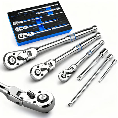 6pcs/3pcs Twist Head Ratchet Set, 1/4", 3/8", 1/2" Drive, Twist Head Ratchet Wrench with Extension Bar, 72 Teeth, 180° Adjustable, Quick Release, Flexible Ratchet Handle with EVA Foam.