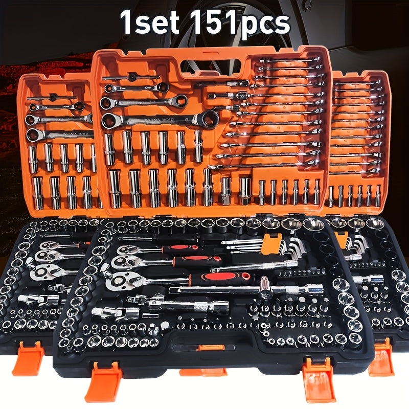 151 Professional Automotive Tool Kit - High-Quality Set for Repairing Cars, Bicycles, And Motorcycles - Compact, Portable, All-In-One Solution Featuring Ratchet Wrench And Multiple Screwdriver Sets, No Battery Included