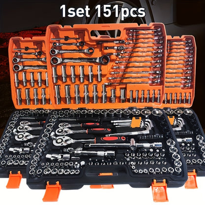 151 Professional Automotive Tool Kit - High-Quality Set for Repairing Cars, Bicycles, And Motorcycles - Compact, Portable, All-In-One Solution Featuring Ratchet Wrench And Multiple Screwdriver Sets, No Battery Included