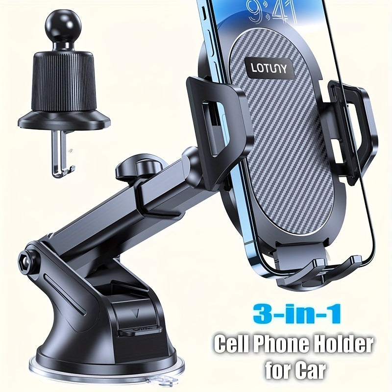 3-in-1 Car Phone Holder, Adjustable Hands-Free Mount for iPhone Samsung Google Pixel & 4"-7.2" Phones, Sturdy Suction Cup with Ergonomic Grip, Black, Modern Design with Textured Grip Surface, Perfect Car Accessory Gift