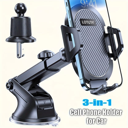 3-in-1 Car Phone Holder, Adjustable Hands-Free Mount for iPhone Samsung Google Pixel & 4"-7.2" Phones, Sturdy Suction Cup with Ergonomic Grip, Black, Modern Design with Textured Grip Surface, Perfect Car Accessory Gift