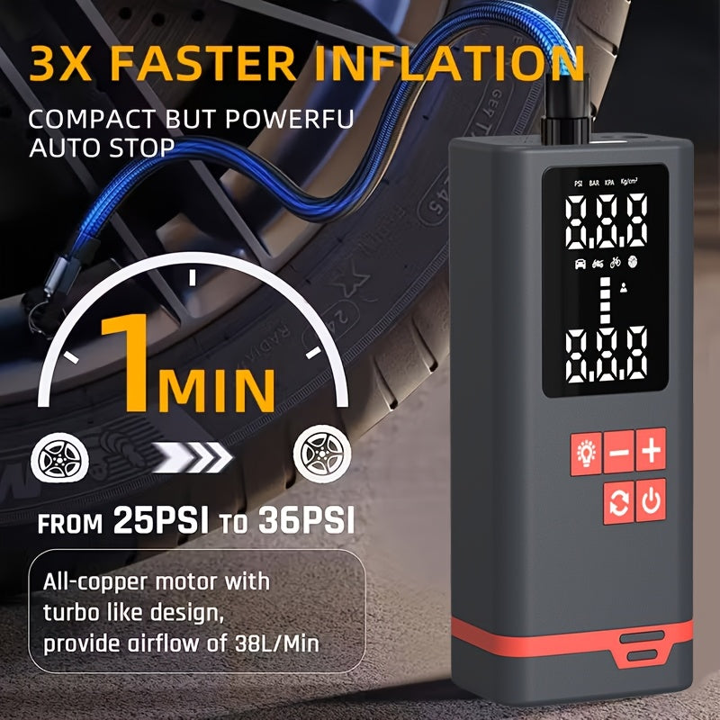 Portable Tire Inflator Air Compressor, Quick Wireless Air Pump, with Digital Display Screen, LED Light, USB Charging, Includes Multi-Function Nozzle Adapter, Lithium Battery, Suitable for Car, Motorcycle, Bicycle Tires, Balls, Car Parts, Sports Balls