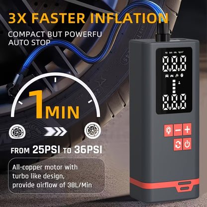 Portable Tire Inflator Air Compressor, Quick Wireless Air Pump, with Digital Display Screen, LED Light, USB Charging, Includes Multi-Function Nozzle Adapter, Lithium Battery, Suitable for Car, Motorcycle, Bicycle Tires, Balls, Car Parts, Sports Balls