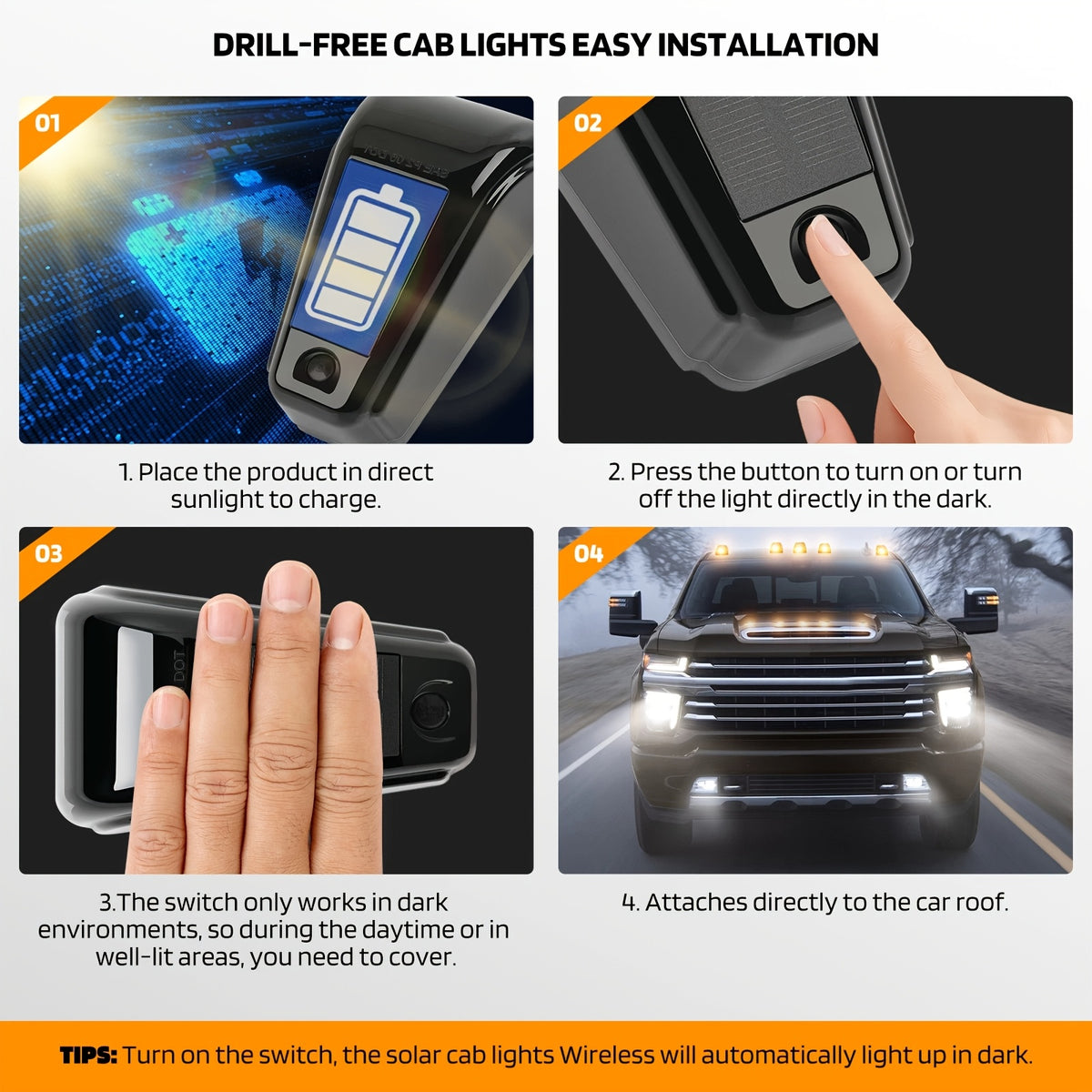 Solar Powered Cab Roof Lights 5-Pack Wireless 16 LED Amber Truck Marker Lights Motion Vibration Sensor No-Drill No-Wire Universal Fit