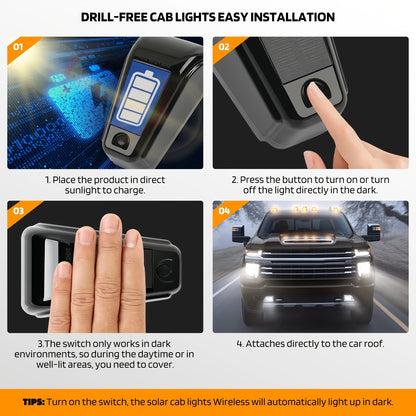 Solar Powered Cab Roof Lights 5-Pack Wireless 16 LED Amber Truck Marker Lights Motion Vibration Sensor No-Drill No-Wire Universal Fit