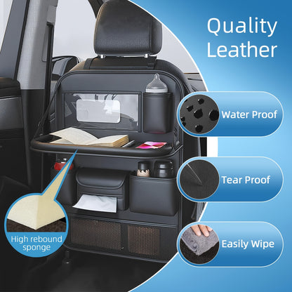 Universal Premium PU Leather Car Seat Back Organizer - Spacious Storage Bag with Back Seat Dining Table, Cup Holder, And Travel Accessories for A Comfortable Ride