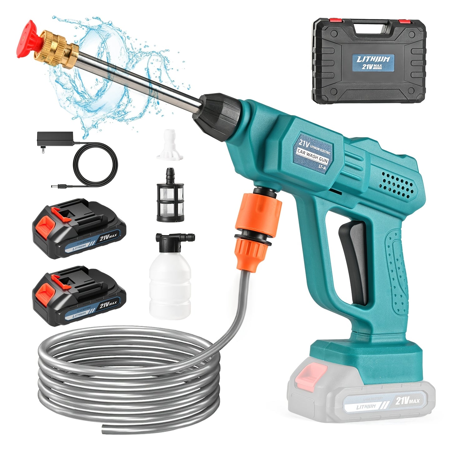 Portable High-Pressure Car Wash Machine, 500PSI Car Wash Machine, with 1/2 Batteries, 6-In-1 Nozzle, 5-Meter Hose, Portable High-Pressure Cleaning Machine for Car/Fence/Floor Cleaning And Watering, Is A Great Christmas Gift