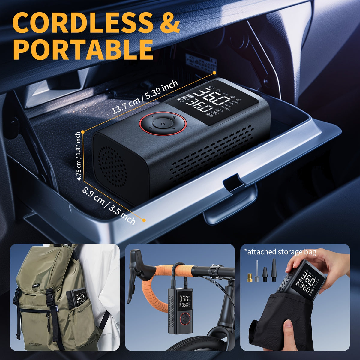 Portable Cordless Tire Inflator – 150PSI Fast Inflation Air Compressor with Digital Gauge, LED Light & Auto Shut-Off for Cars, SUVs, Motorcycles & Bikes