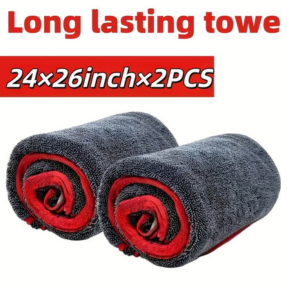 2pcs XXL Extra Large Microfiber Drying Towel With Twist Ring Design - Super Absorbent Thickened Technology Suitable For Cars, Trucks, Boats - Red And Gray Detail Cloth, Professional Look | Highly Absorbent Material