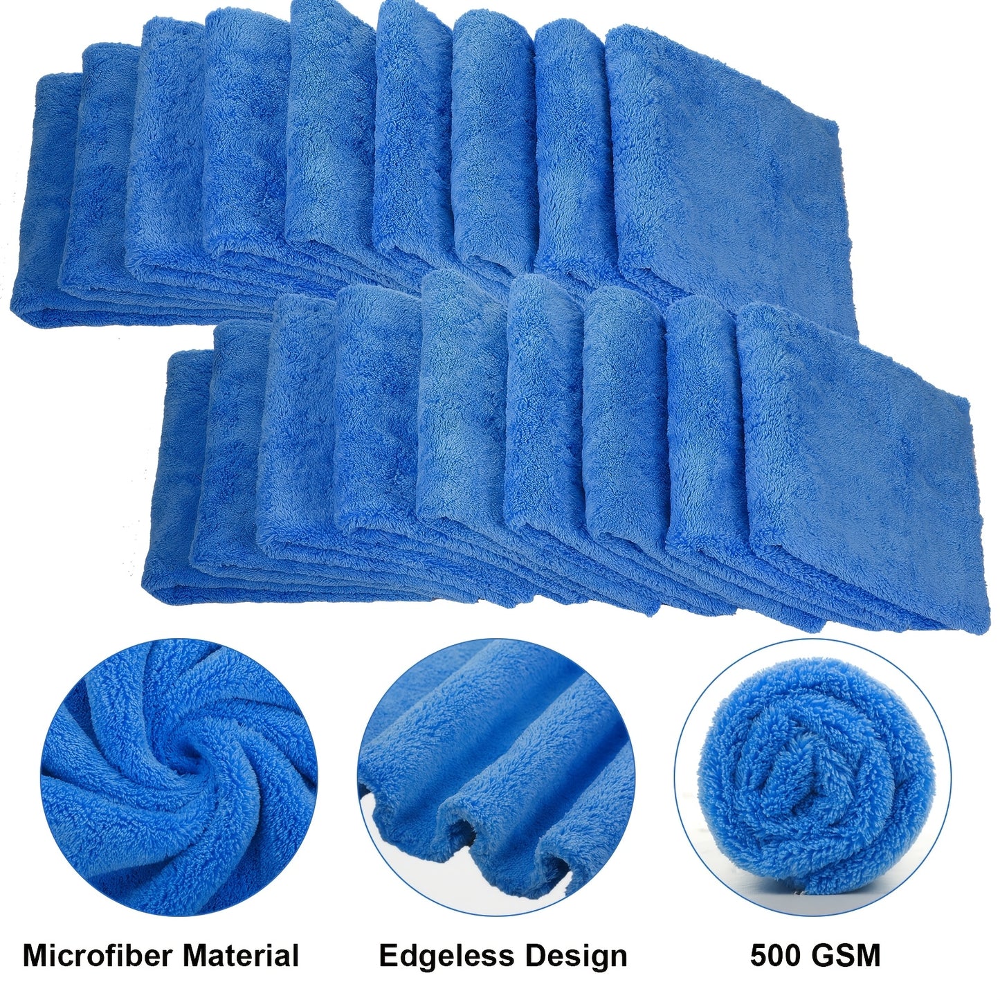 Edgeless Microfiber Plush Towels for Car Detailing — 30-Pack | 500 GSM, 16"×16", Dark Blue