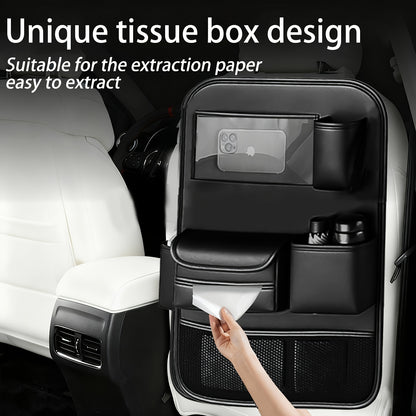 QIANKUNBAG PU Leather Car Backseat Organizer with Foldable Table Tray, Black Grey Green Car Storage Organizer with Tablet Holder, Car Seat Back Protectors Kick Mats Travel Accessories