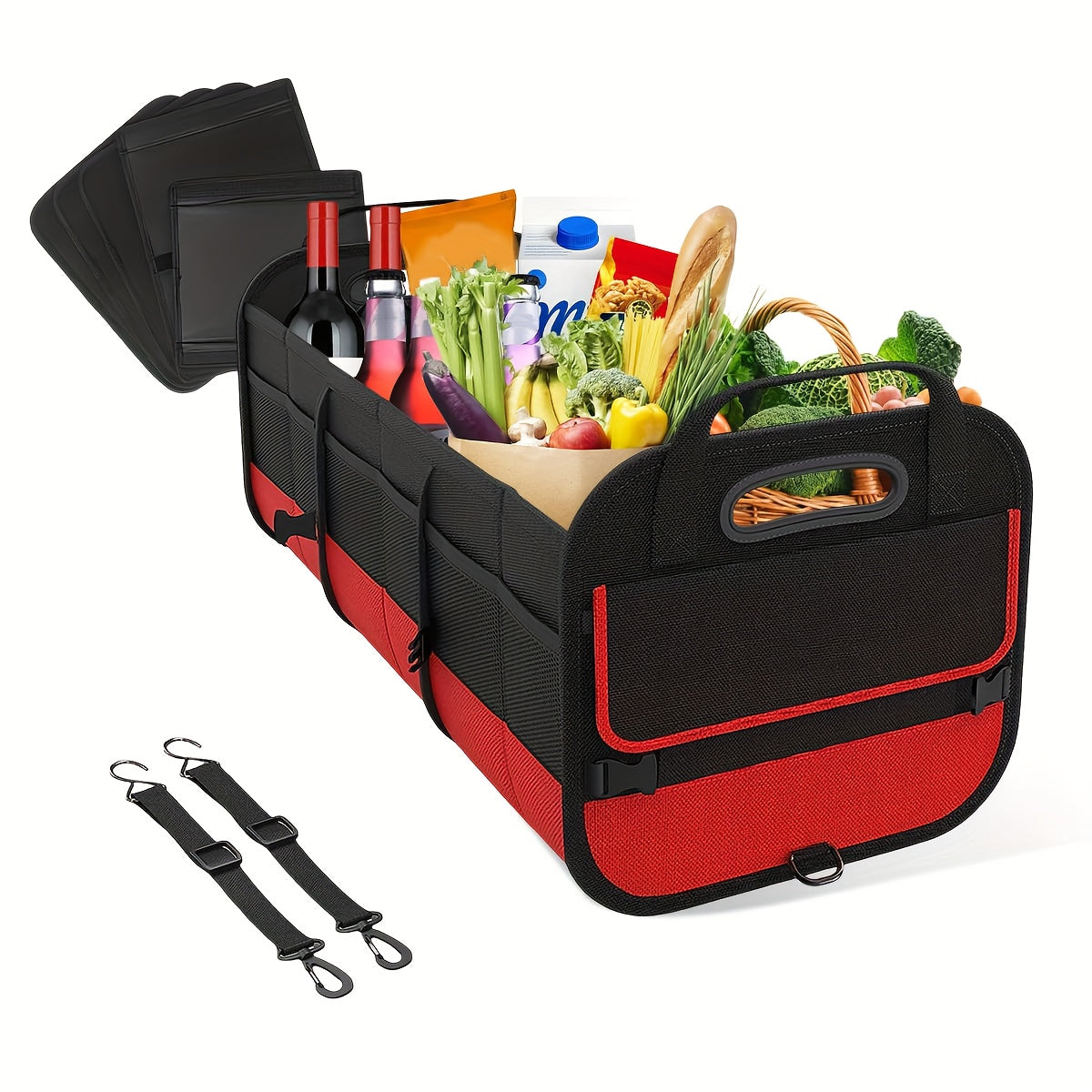 Foldable 25.1gal Car Trunk Organizer | Multi-Compartment Storage with 4 Compartments and 2 Retractable Straps, Ideal for Travel, Camping, Shopping, Fits SUVs, Trucks, Minivans