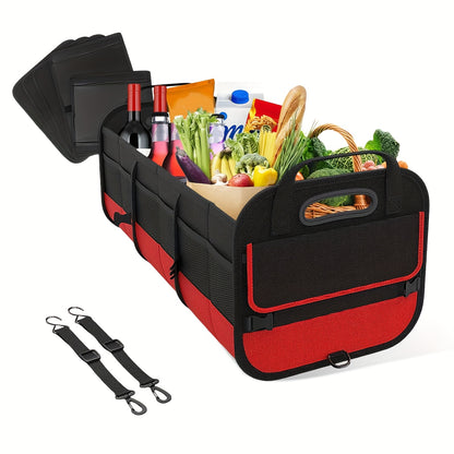 Foldable 25.1gal Car Trunk Organizer | Multi-Compartment Storage with 4 Compartments and 2 Retractable Straps, Ideal for Travel, Camping, Shopping, Fits SUVs, Trucks, Minivans