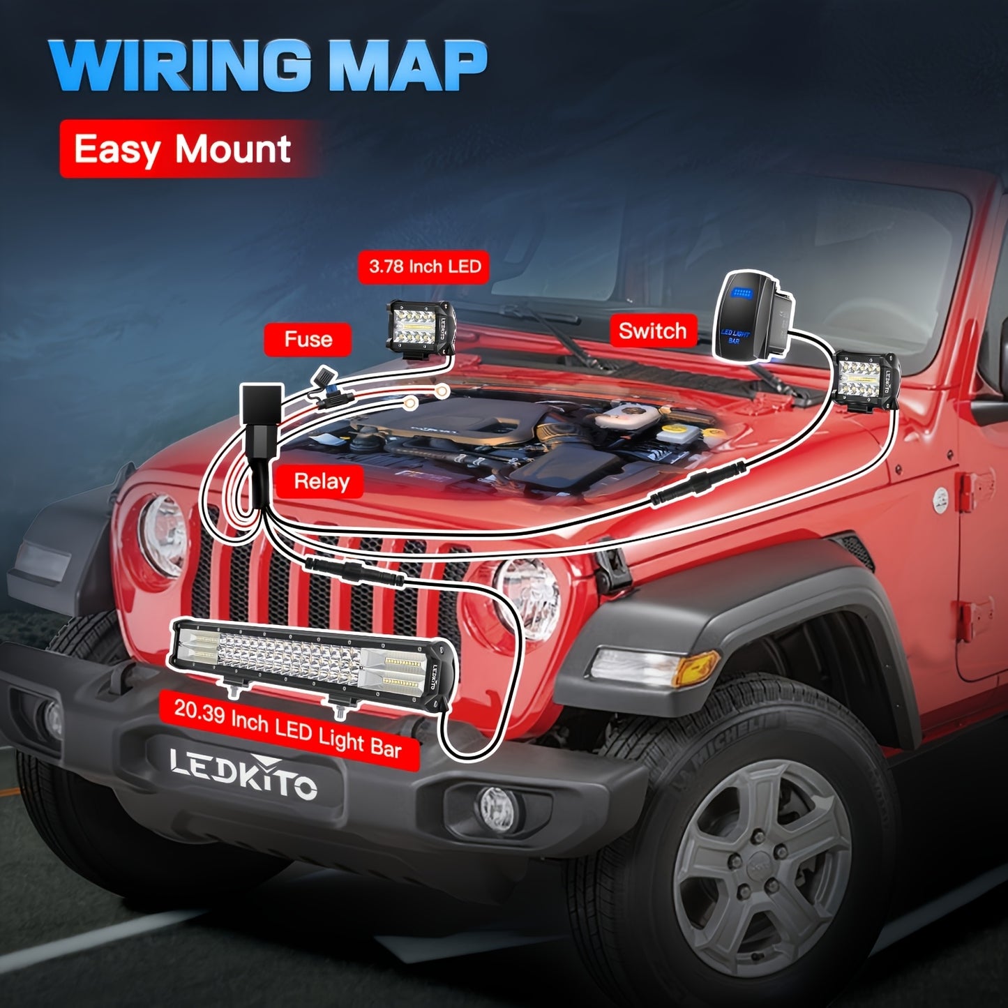 20inch LED Light Bar+ 4inch Led Work Light Kit With Switch On/ Off Wiring Harness Kit Relay Fuse, Led Off Road Light DC12-24V, For Trucks ATV UTV Boat Crane Excavator Forklift Courtyard Road( White), Without Battery