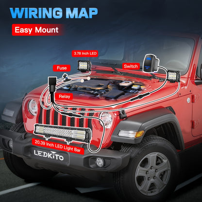 20inch LED Light Bar+ 4inch Led Work Light Kit With Switch On/ Off Wiring Harness Kit Relay Fuse, Led Off Road Light DC12-24V, For Trucks ATV UTV Boat Crane Excavator Forklift Courtyard Road( White), Without Battery