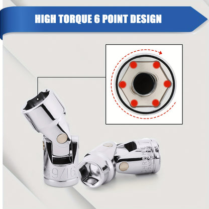 [17Pcs Socket Set] 17Pcs 3/8" Drive Universal Joint Socket Set, Including Both SAE And Metric Sizes, Ranging From 3/8" To 3/4" And 10Mm To 19Mm, Featuring A 6-Point Design, Made Of CR-V, With A Swivel Head For 360-Degree Access And A Flexible Wobble Socke